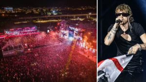la folla del red valley festival e irama con la bandiera dei quattro mori