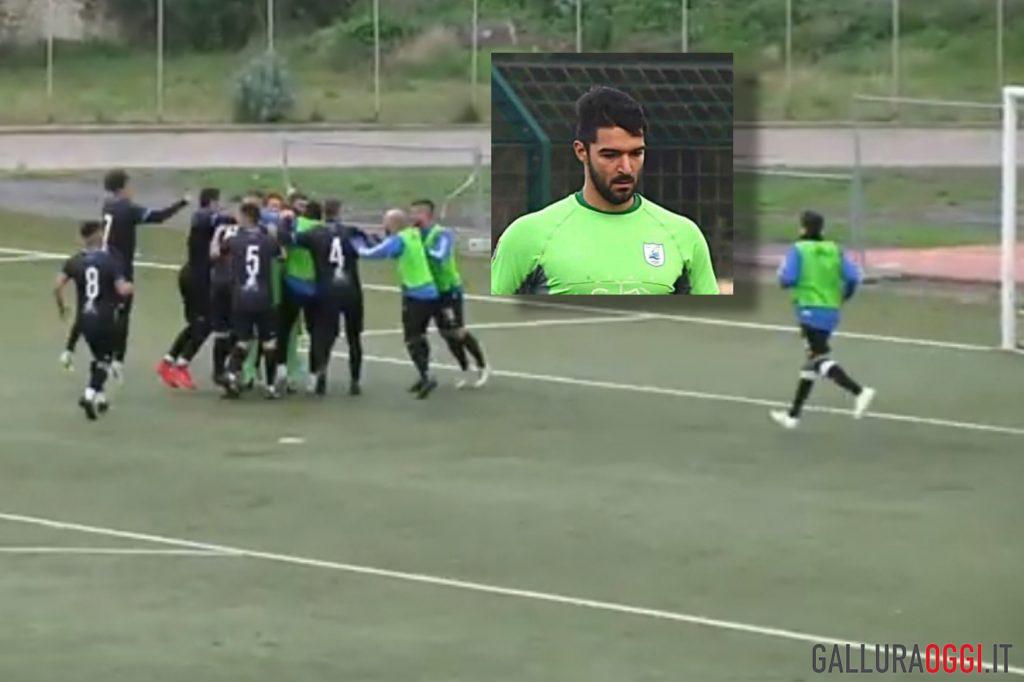 Vincenzo Riccio del Budoni festeggiato dai compagni dopo il gol