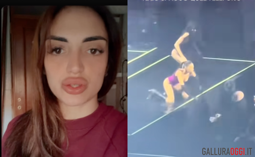 A sinistra: Jessica Mazzoli (Ig). A destra: Elodie durante il concerto mentre butta giù il telefono a un giornalista troppo vicino