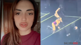A sinistra: Jessica Mazzoli (Ig). A destra: Elodie durante il concerto mentre butta giù il telefono a un giornalista troppo vicino