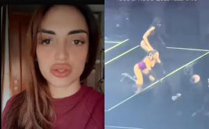 A sinistra: Jessica Mazzoli (Ig). A destra: Elodie durante il concerto mentre butta giù il telefono a un giornalista troppo vicino